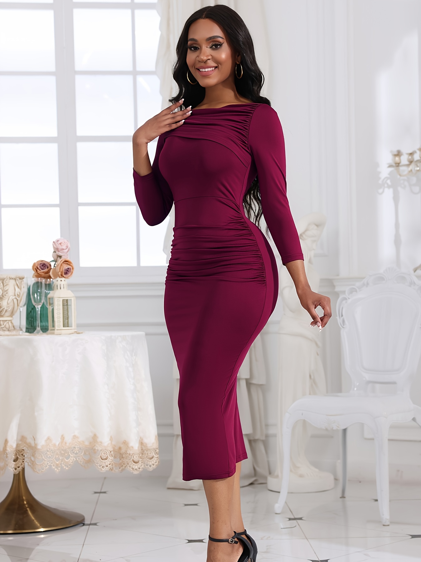 elegant solid color bodycon long sleeve ruched wrap dress - Temu Ghana