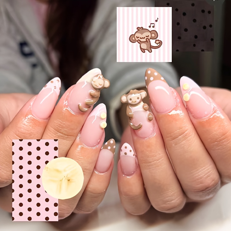 TEMU 10pcs Handmade Almond Press On Nails For . Nude Base With Dark Brown Polka Dot Irregular , Hand Drawn 3d Monkeys And Cream Round Bead Decor,
