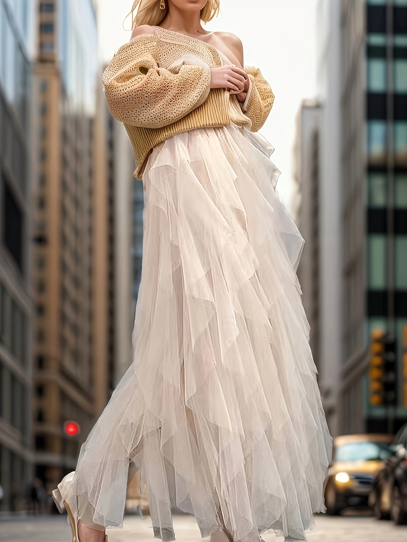 WIYA Superbe Jupe longue à volant en tulle beige Taille