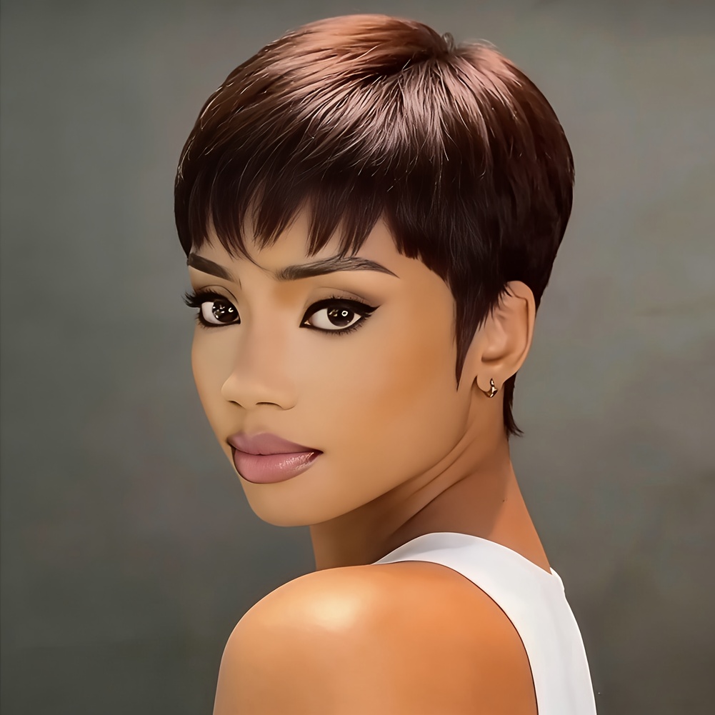 TEMU A Brown, Straight Human Hair Wig For Women Featuring A Short Layered Cut With Bangs, Measuring 6 Inches, Designed As A Full Machine-made Wig