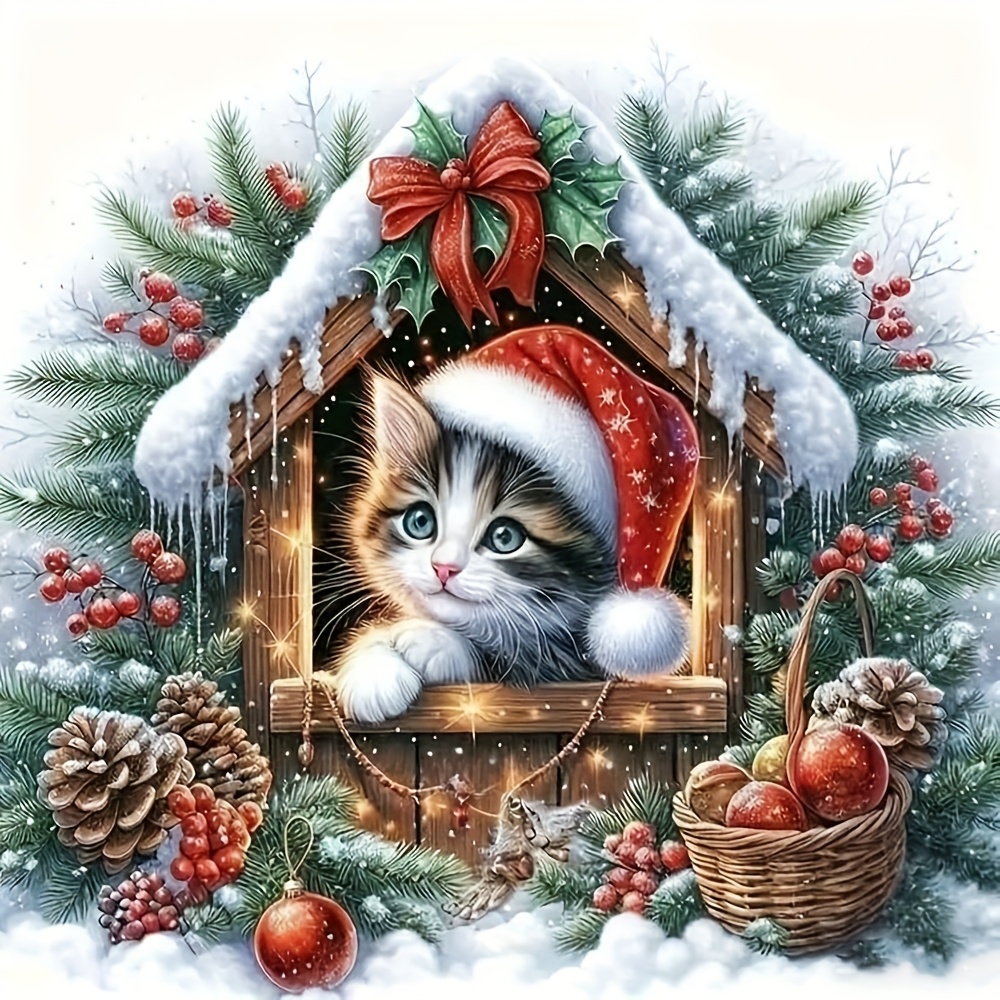 TEMU 1 Ensemble - Kit de Broderie Croix Créatif Thème Maison de Chat de Noël, Loisir Créatif DIY avec Fil à Broder, Broderie Croix 11CT, Cadeau pour