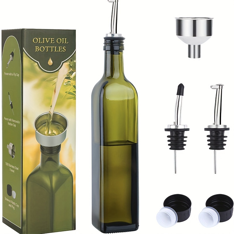 

Kitchen Household 500ml Green Oil Bottle, Square Glass Oil Jug With Pourer, Funnel Olive Oil Glass Bottle