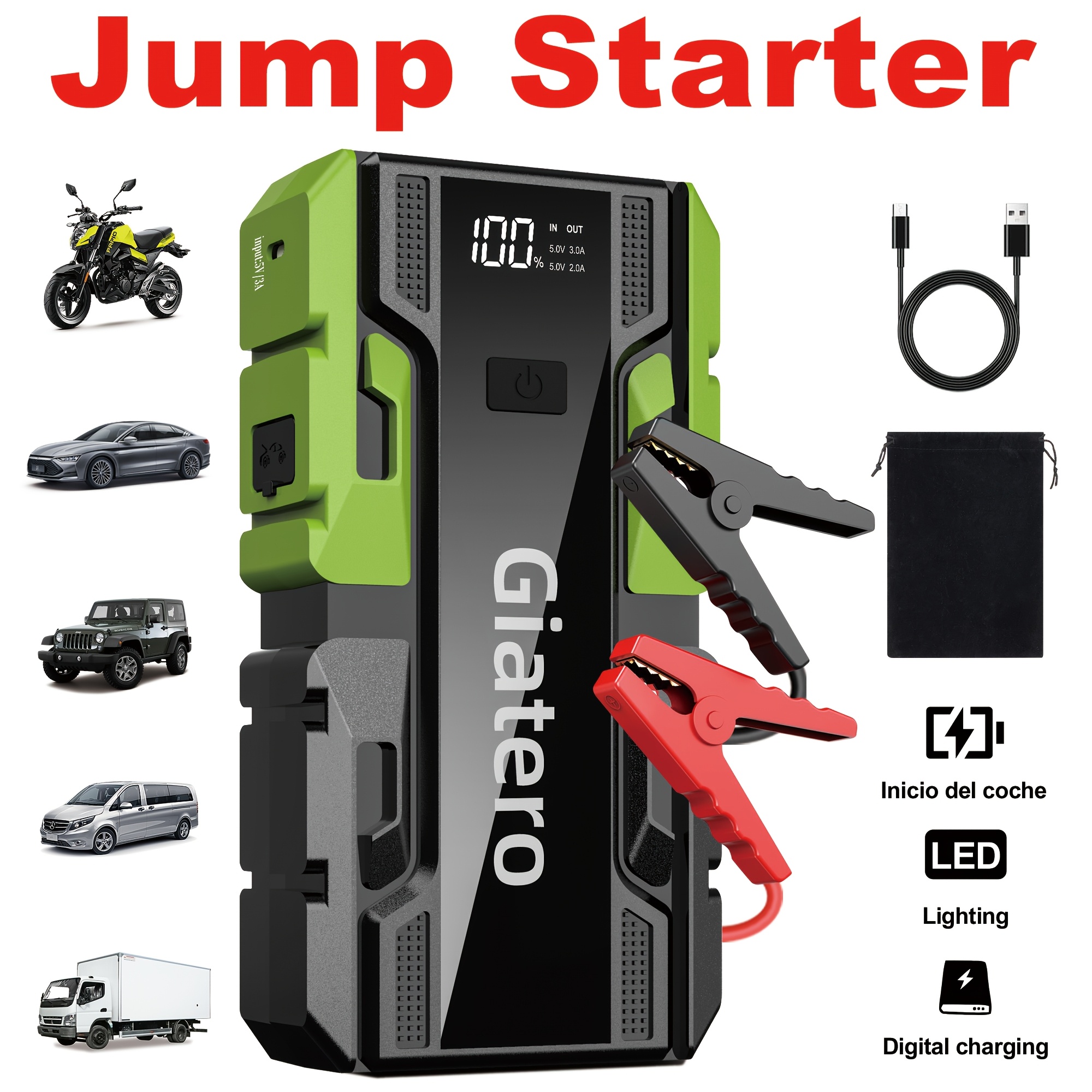 TEMU Portable Car Emergency Starter Power Supply, With An Air Compressor Tire Inflator, Suitable For Up To 14.0l Gasoline Engines And 12.0l Engines,