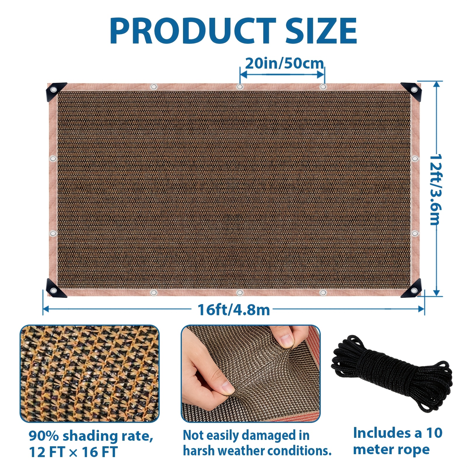 Outdoor Shade Net - Brown, Uv-Resistant, Durable Canopy, Suitable for Travel, Picnics, And Pools - Available In Various Sizes.