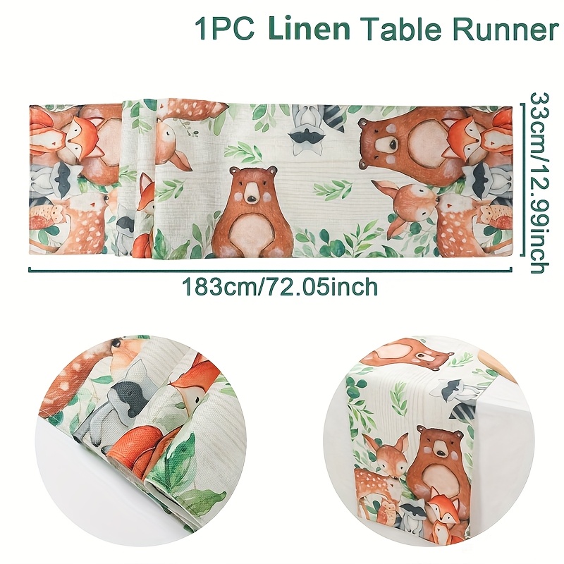 1pc, Linen Table Runner Featuring Woodland Animals, Decor For Woodland Theme Parties, Suitable For Woodland Baby Showers And Birthday Celebrations, Home And Kitchen Dining Room Decoration