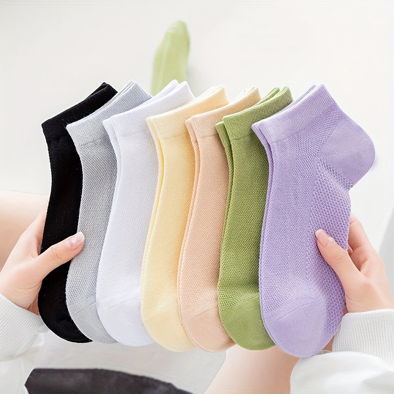 

7 Pairs Simple Solid Color Ankle Socks, Comfy & Breathable Short Socks, Women's Stockings & Hosiery