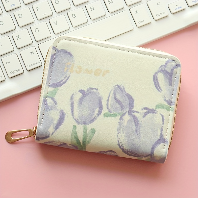 Chic Floral Compact Wallet - Lightweight, Zippered Faux Leather Card Holder With Easy-