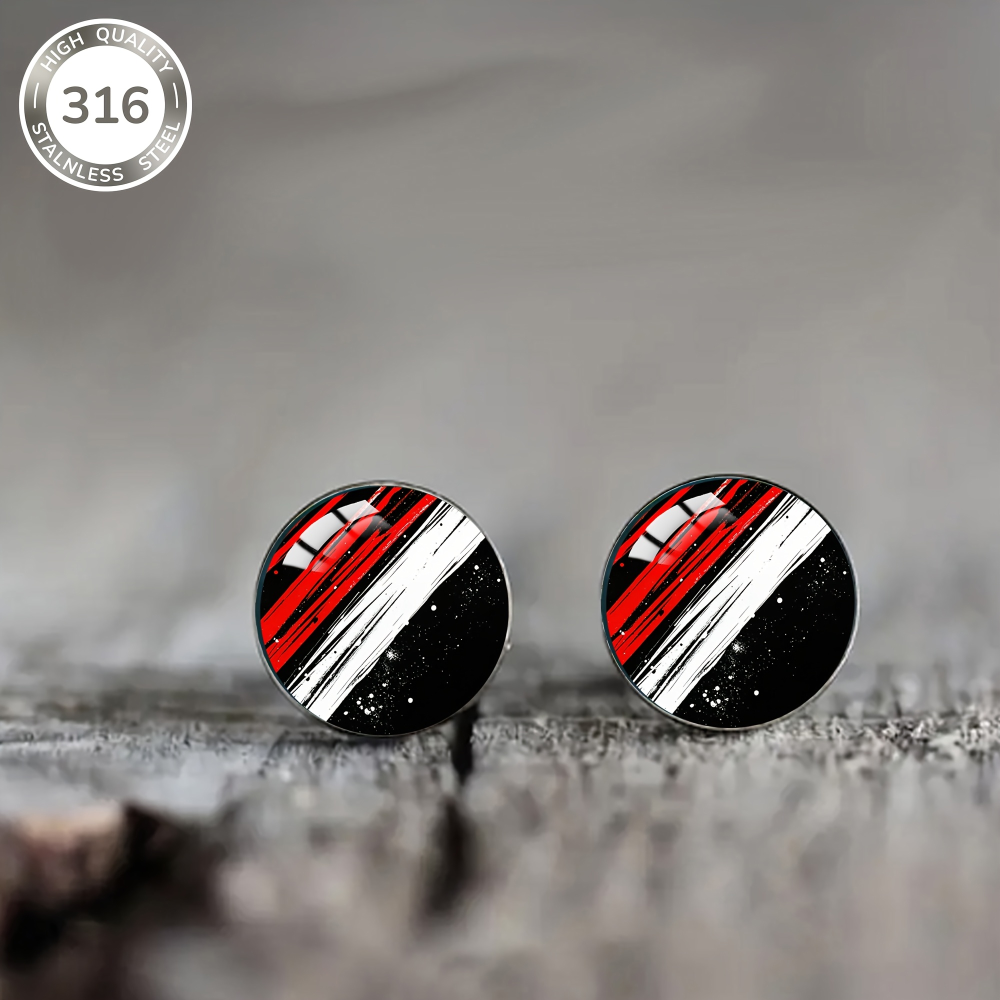 Image of 1 Pair Of Black, White, And Red Color- Pattern Steel Earrings, Elegant And Individual Style Men's And Women' Wear Jewelry Earrings