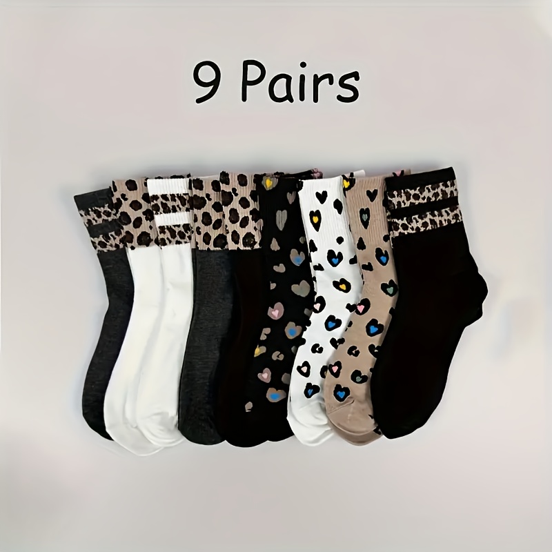 

9 Paires de Chaussettes pour Femmes Mi-Cuisse, Automne Hiver Mode, Cœur & Imprimé Léopard, 95% Polyester 5% Élastan, Tissu Tricoté, 300g/m², Lavable en Machine