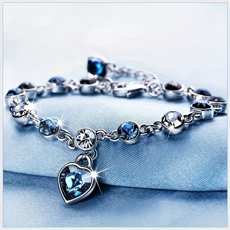 TEMU Exquisite And Elegant Bracelet Made Of S925 Silver, Featuring A Heart-shaped Crystal In A Beautiful Lake Blue, Perfect For Gifting