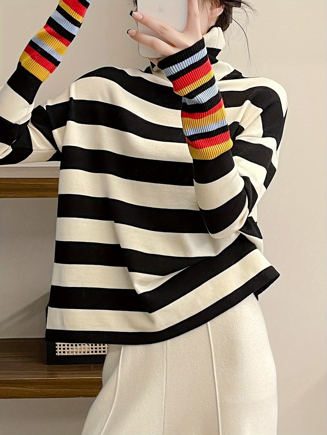 Women's Elegant Striped High-Neck Sweater with Rainbow Stripe Sleeves  Oversized Long Sweater for Women, Black White