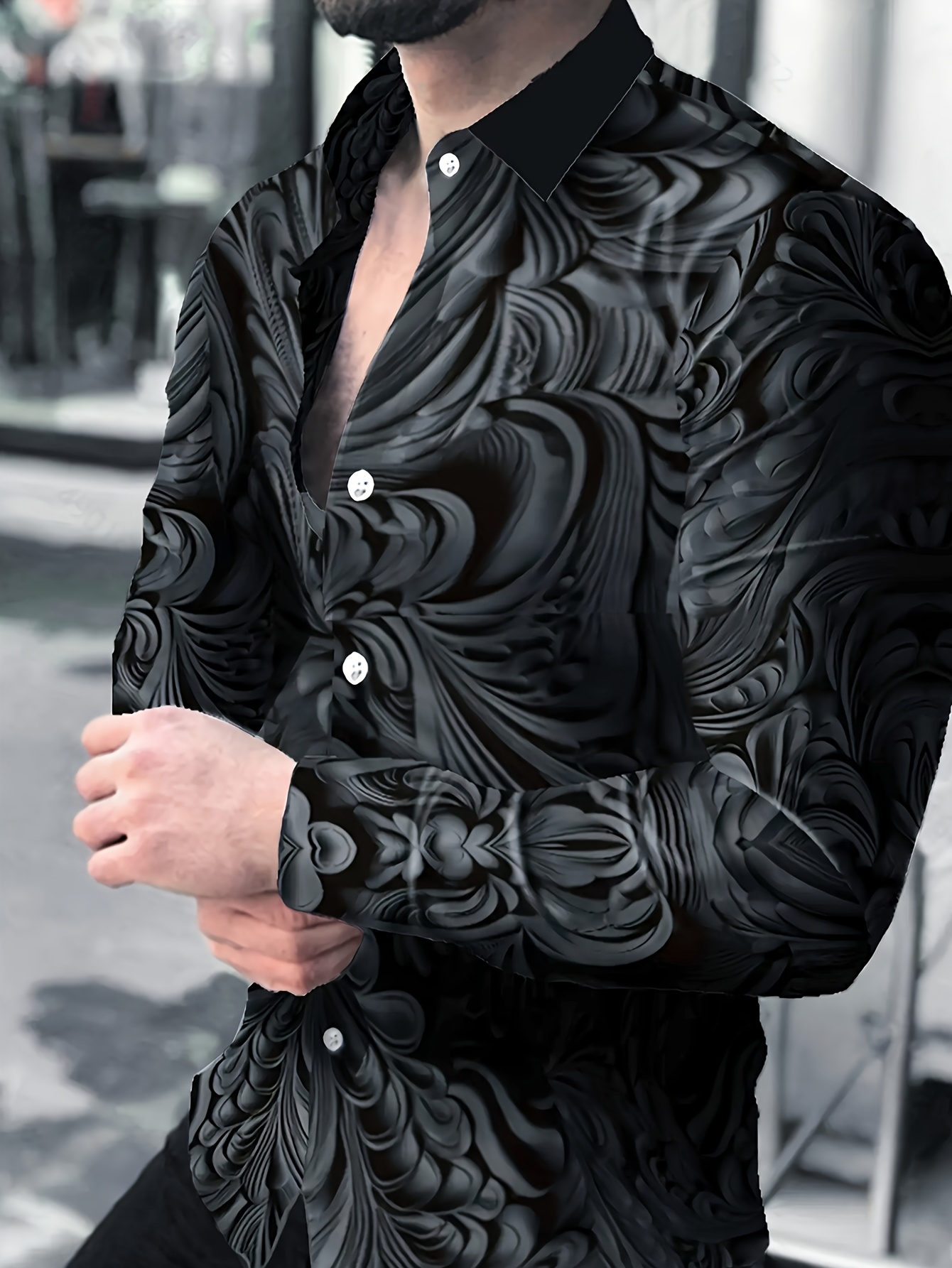 Long Sleeve Black Silk Shirt Mens Hi-Tie Black Silk Shirt Solid Satin Men's  Long Sleeve