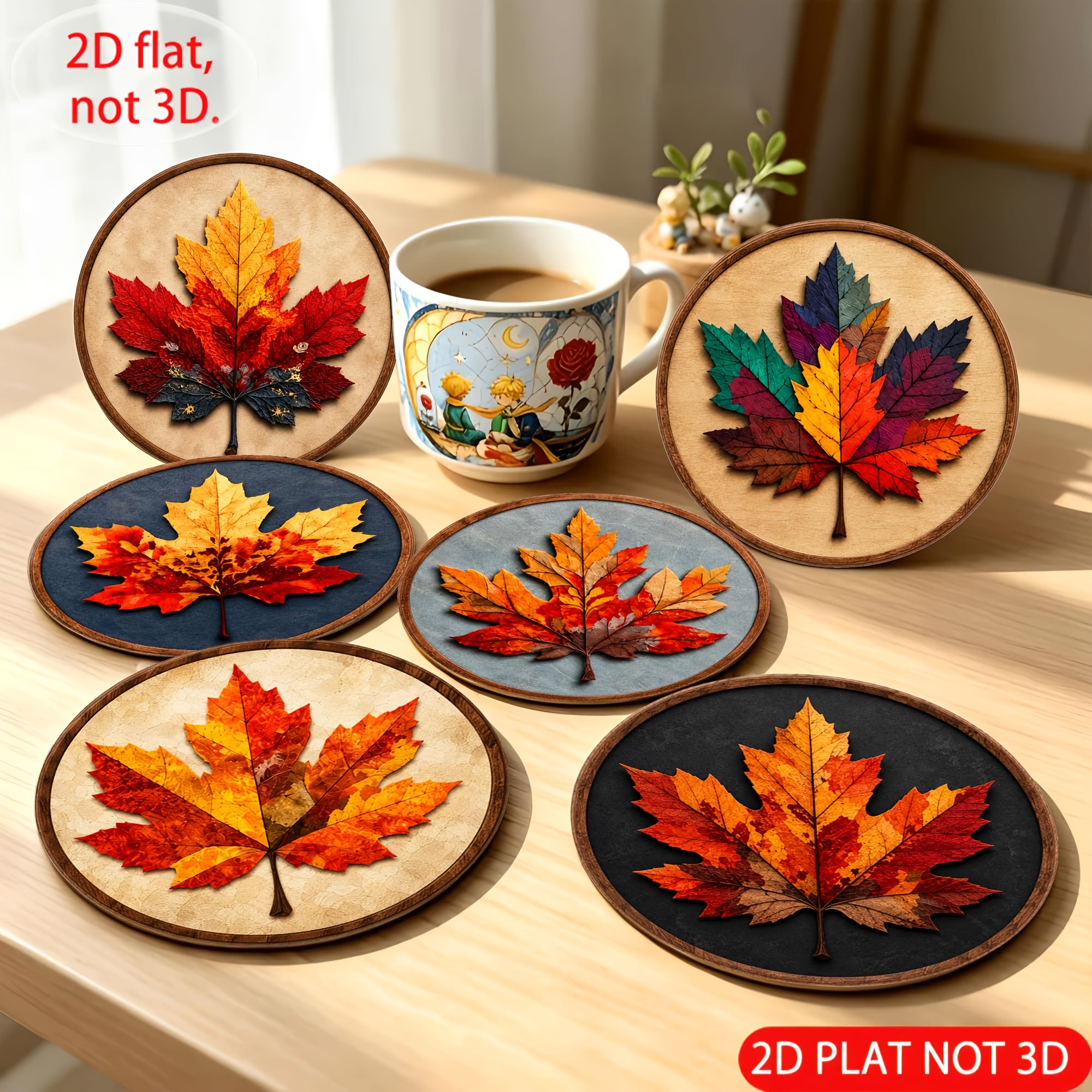 TEMU 2d Flat, [6pcs] Retro Maple Leaf Round Wooden Coasters, Autumn Falling Leaf Leaf Print Heat-resistant And Anti-burn Pads, Universal Non-slip