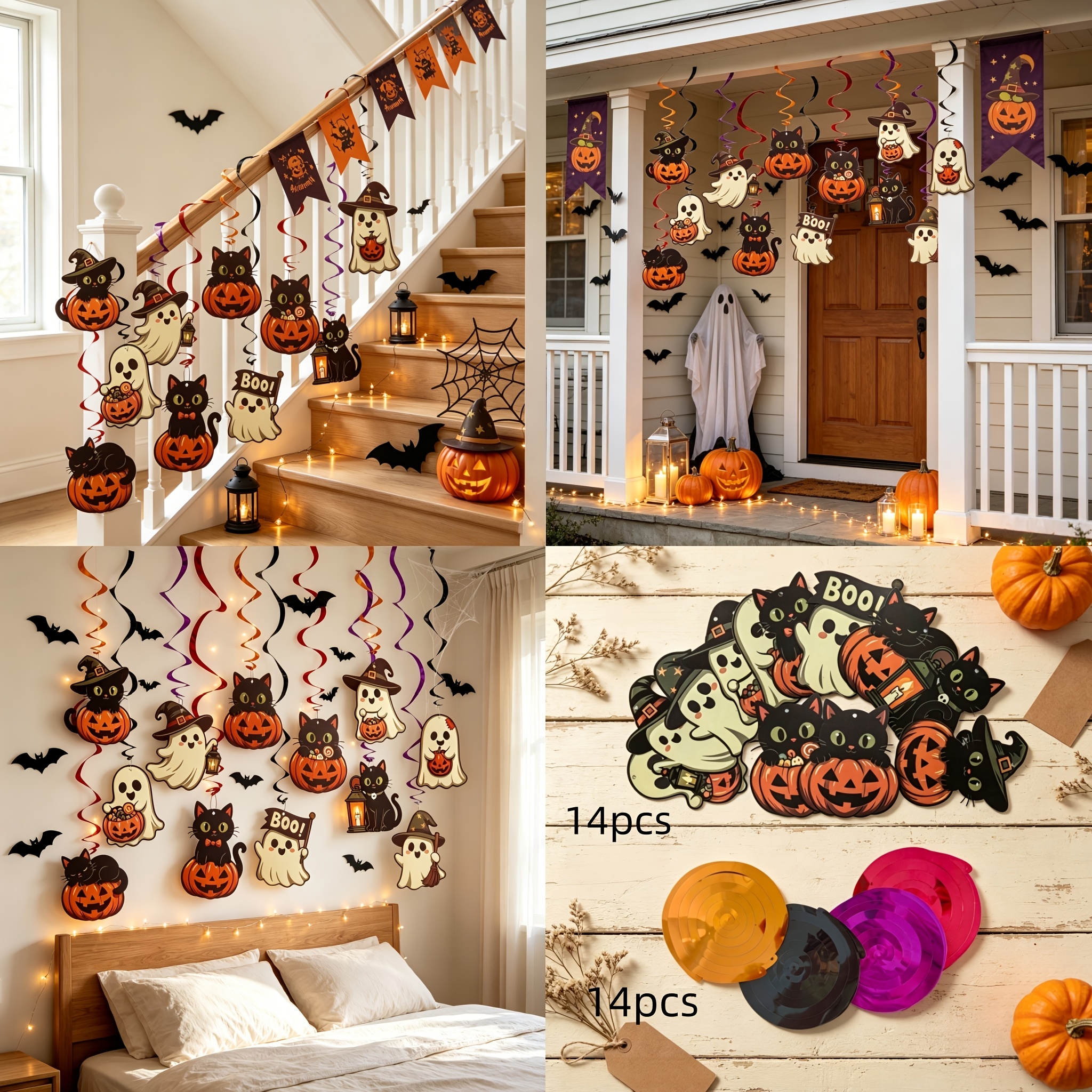 TEMU 28pcs Halloween Horror Trick-or-treat Ornament Set, 14pcs Halloween Horror Ornaments And 14pcs 80cm Long Tassels, For Halloween Parties, Bars,