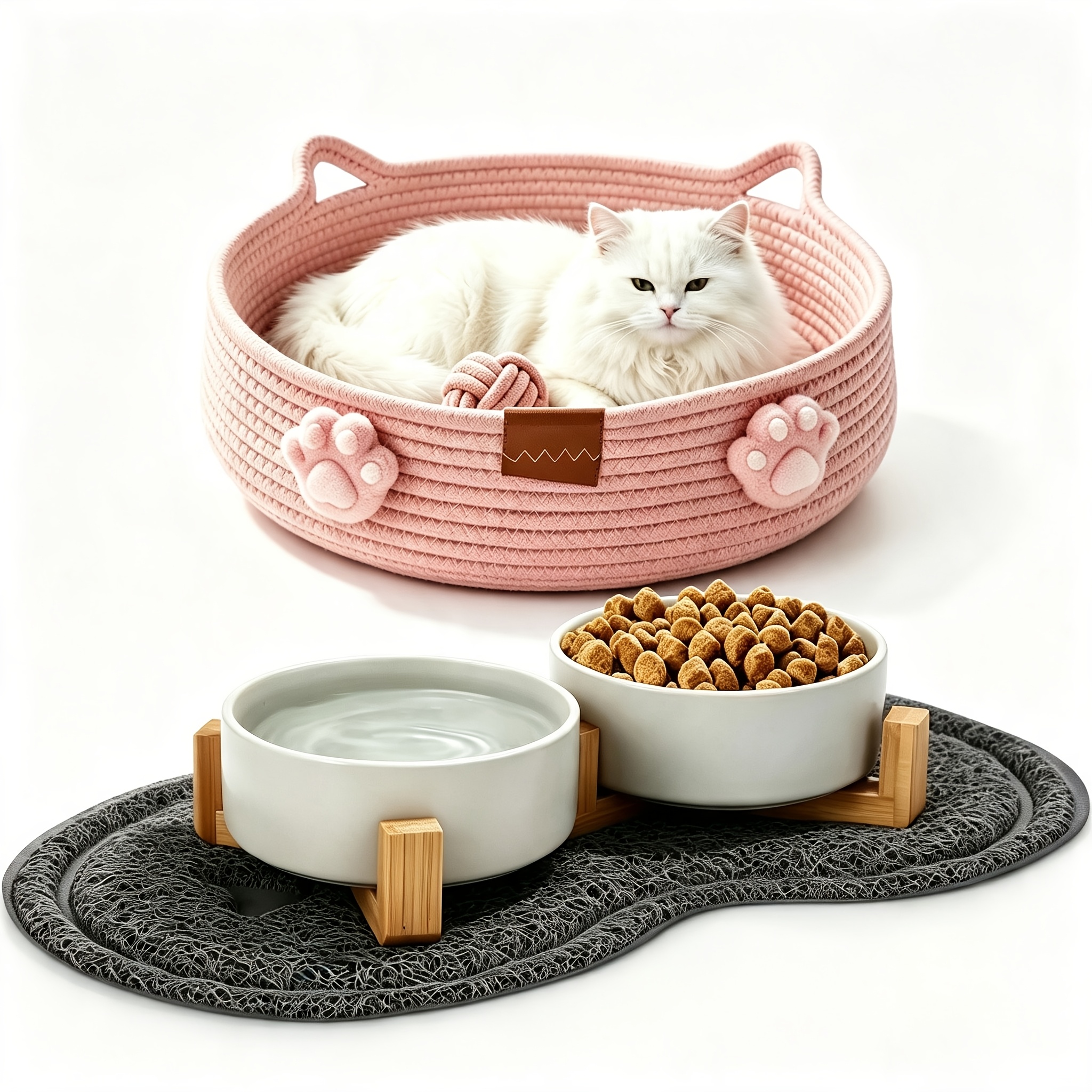 Image of Dog Bowl Ceramic Feeding Bowl With Bamboo Stand And Non-slip Mat 0° And 15° Tilt Angle For Pets Cats And Puppies Large Face Dog (400 Ml, 2-grey)