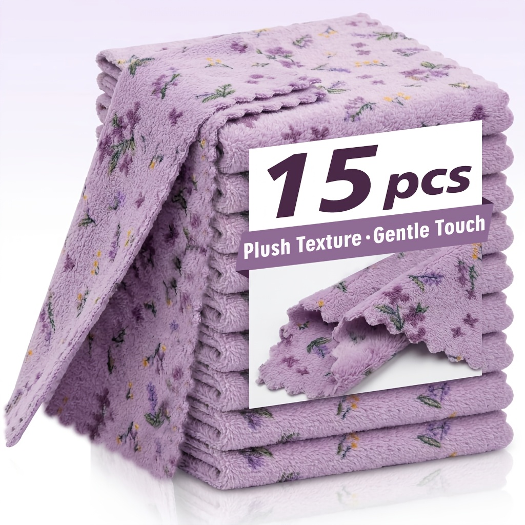 TEMU 15pcs Pack Suitable For Kitchen, Bathroom & Car Cleaning - Purple Coral Fleece Towels, Super Absorbent Quick-dry Reusable Dish Cloths With Wavy