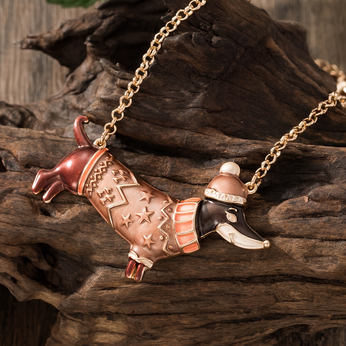 Dachshund Dog Pendant Necklace with Enamel Hat