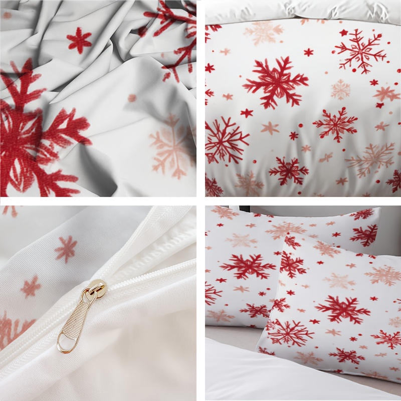 3pcs Winter Bedding Set - Red & Grey Snowflake Pattern, Machine Washable All-Season Duvet Cover & Pillowcases (1 +2) for Christmas, New Year's Decor - Bedding Basics Collection, Holiday Bedroom, Guest Room Essentials, Festive Design, Easycare Fabric, Durable Material, Seasonal Gift Buyers, Home Decorators, 2D Flat