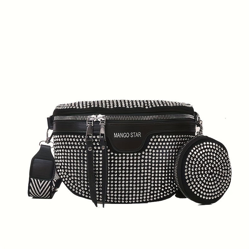 Image of Rhinestone Punk Style Chest Bag - Crossbody Design, Round Wallet, Adjustable Strap, Streetwear Inspired Fashion Accessory For Women' Use