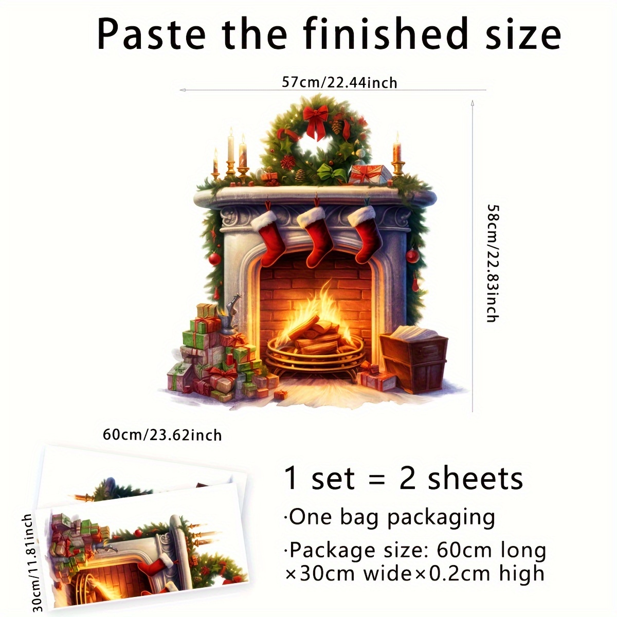 Image of A Set Of 2 Sheets (30*60cm*2pcs) Wardrobe Stove Cabinet Christmas Garland Christmas Stocking Wall Stickers Living Room Bedroom Background Decoration Stickers 2d Wall Stickers Ms7114-yc