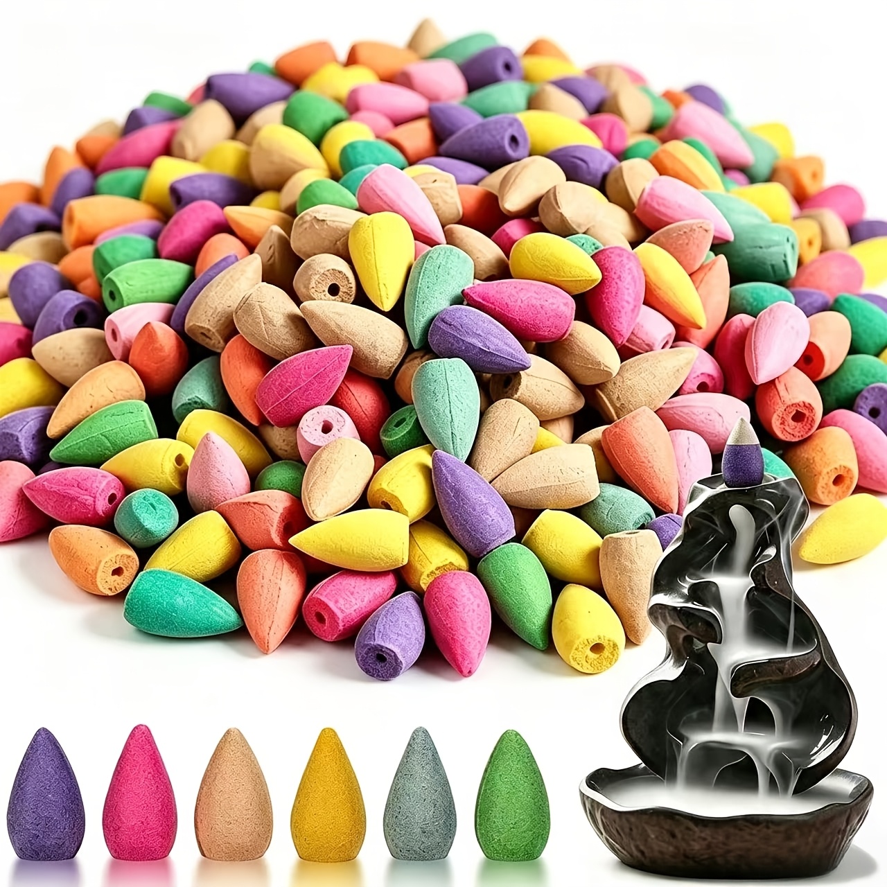 Image of 110pcs Waterfall Backflow Incense Cones - Waterfall Scented Cone Incense For Backflow Smoke Burning - Bulk Pack Of 6 Different Scented Incense Cones (no Burner Included)