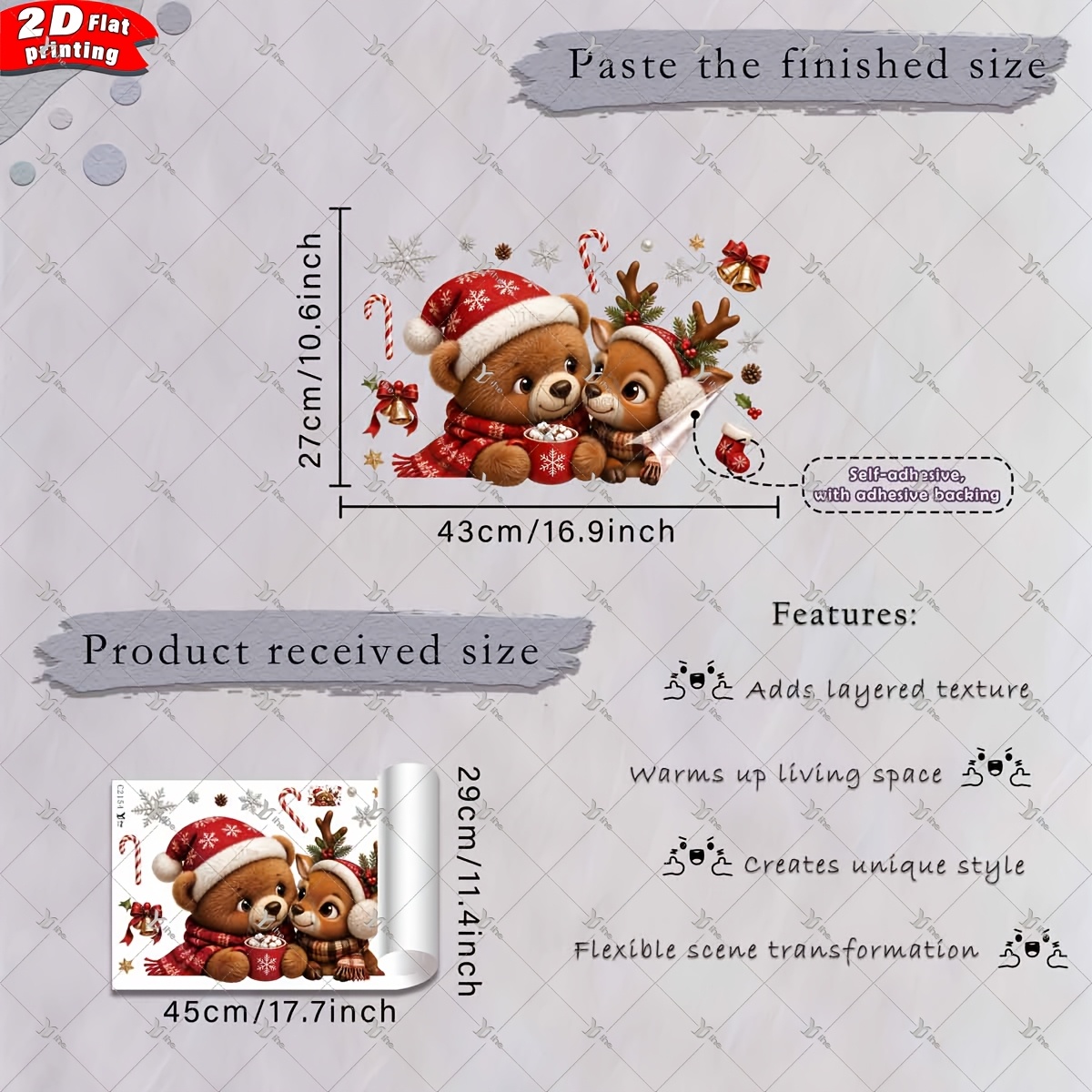 TEMU 2d Flat, 1pc 2d Flat Printed Christmas Bear Reindeer Santa Hat Scarf Bell Candy Cane Snowflake Window Clings Diy Self-adhesive Removable