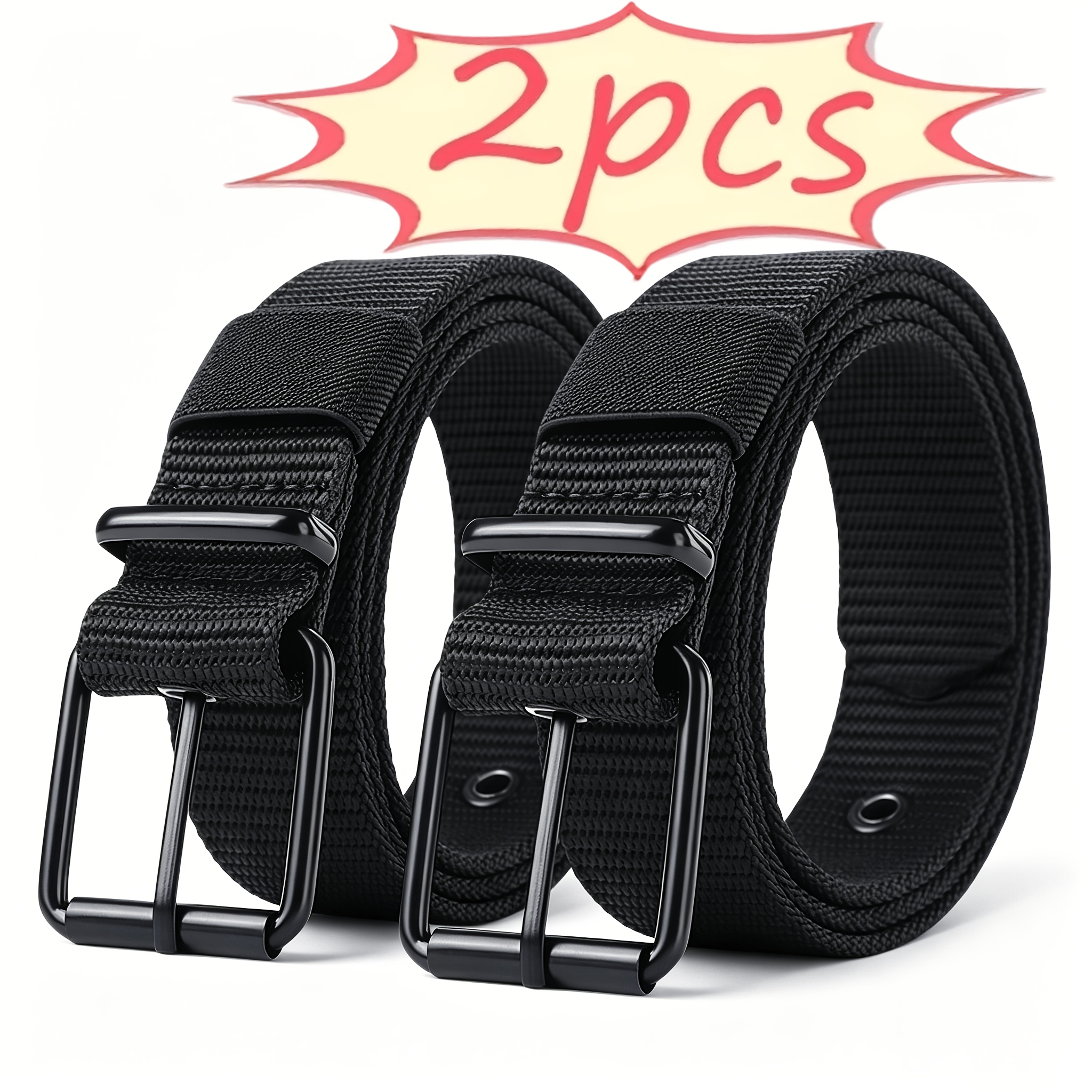 TEMU 2-pack Men's Nylon Work Belts, Matte Black Metal , Adjustable Multi-hole Belt, Breathable Anti-tear Webbing, Durable, Suitable For Work, Hiking,
