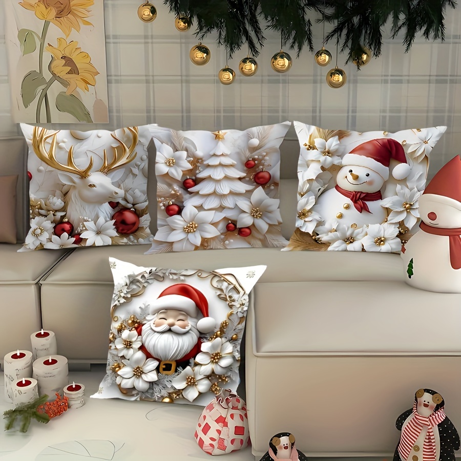 

4pcs Printed Christmas , , , Snowman Cushion , Zippered Decor For Sofa And Bedroom -