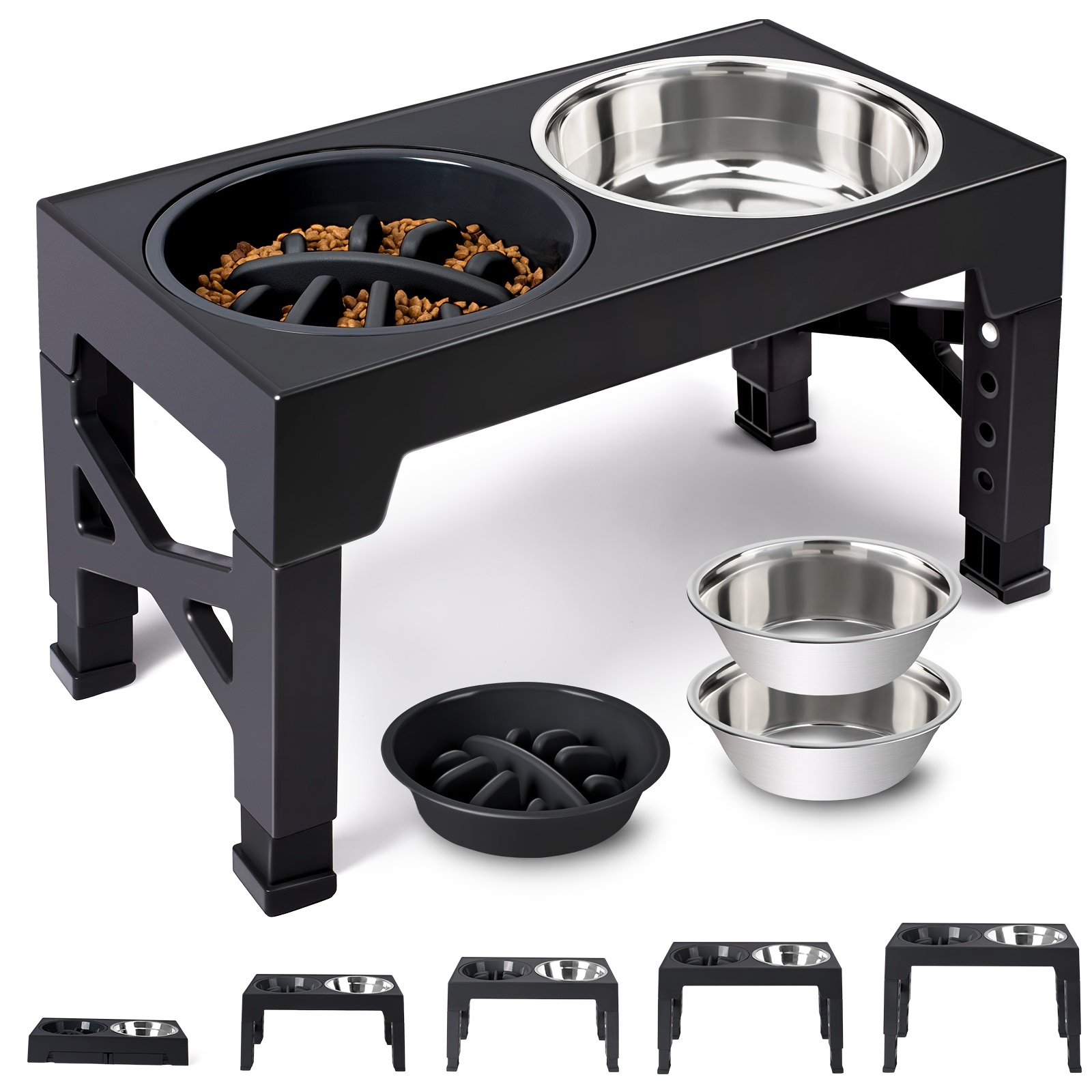 

Elevated Dog Bowls, 5 Adjustable Raised Dog Bowl Stand, With 2 Stainless Food Bowls Slow Feeder Dog Bowl, Adjusts To Height 3.2" To 12.2" For Small Medium Large Dogs