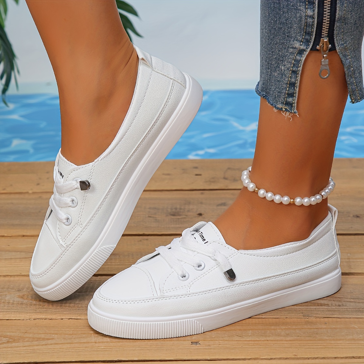 

Women's Minimalist Solid Color Flats, Shallow Mouth Soft Sole Flat Walking Daily Shoes, Low-top Breathable White Shoes