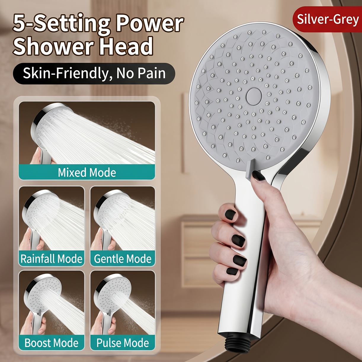 TEMU 1pc Silvery-gray/silvery-black/black/grey Shower Faucet Spray Head With 5 Adjustable Water Flow Modes, Super Powerful Pressure Domestic Bathroom