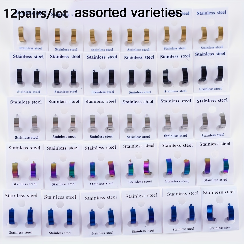 Image of 12 Pairs/set Easy -garde Fashion 4 And 6mm Smooth Stainless Steel Ear Men' Holiday Party Wearing Giftsopp Bagged Random Shipment