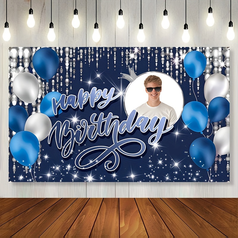 

Custom Happy Birthday Banner - Personalize With Your Photo, Blue & Silvery Theme, 41.7x70.8" - Perfect For Front Porch Decor, Indoor/outdoor Wall Art, And Party Backdrop