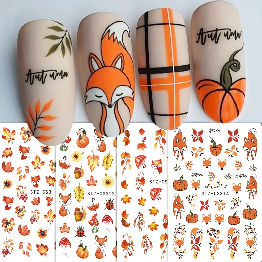 

4pcs Autumn Fox & Leaf Nail Art Stickers - Self-adhesive, Hypoallergenic Decals For Diy Manicure