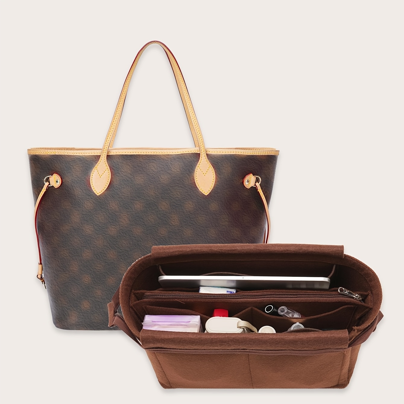 TEMU Chic Coffee-colored Felt Organizer Insert For Tote Bags - Versatile Storage Solution With Zipper Closure