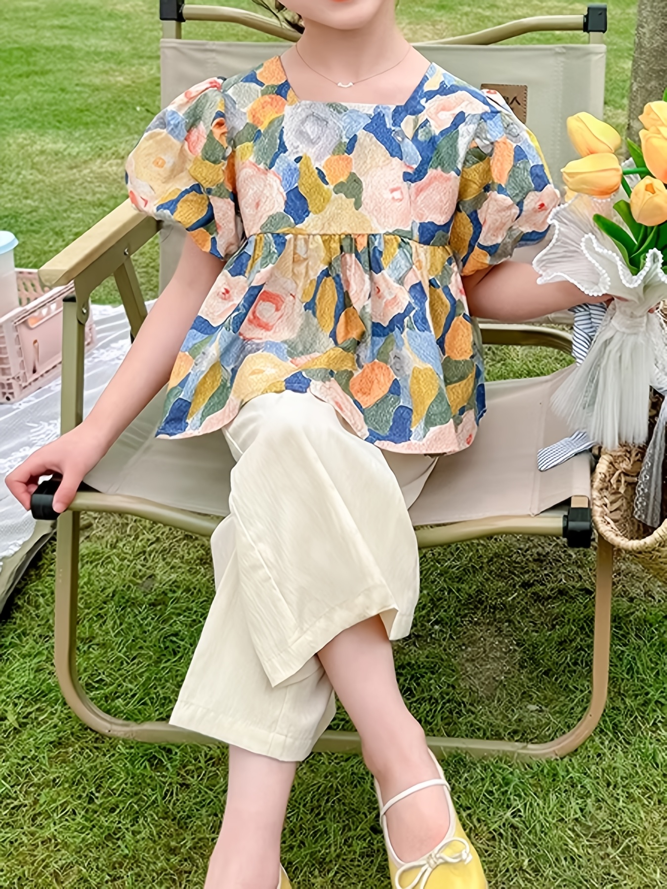 Girls' Summer Outfit Set 2025 New Style Girls' Outdoor Fashion Floral Print 2pcs Short Sleeve Wear Summer Clothes, for Outdoor