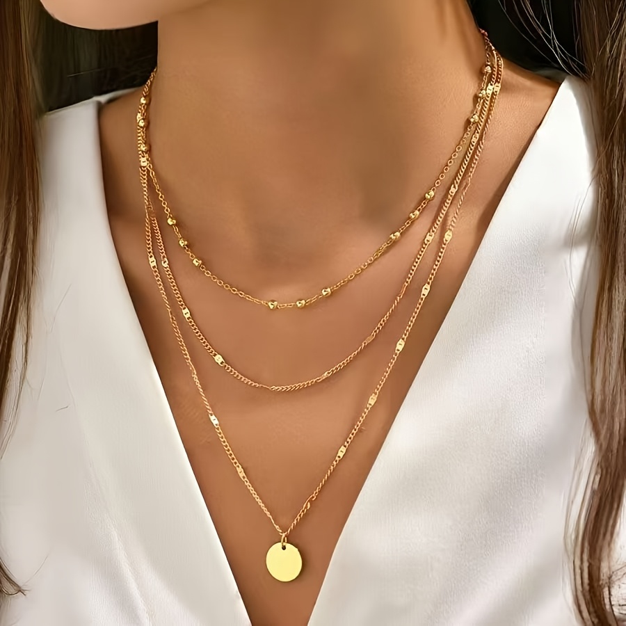 TEMU European And Round Pendant Layered Necklace For Women, Unique Trendy Niche Neck-cling Design With Stainless Steel Chain, High-quality Texture,