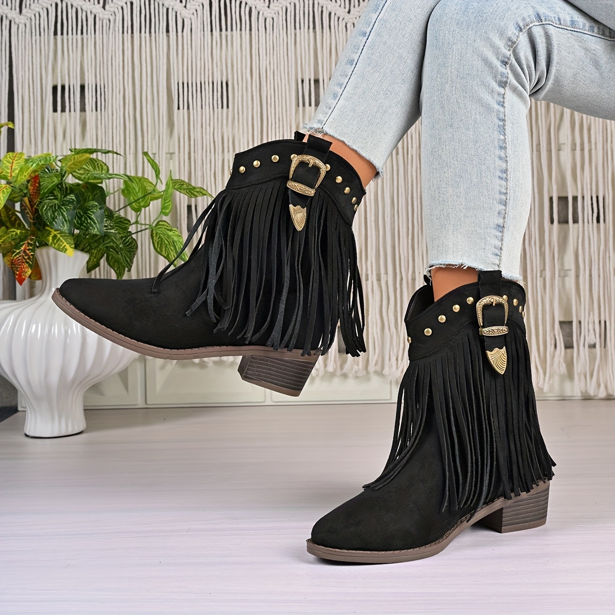 TEMU A Pair Of Elegant Women's Black Fringe Ankle Boots With A Chunky Heel, With Fringe Details, Metal Studs, And Vintage-style Belt Buckles. The