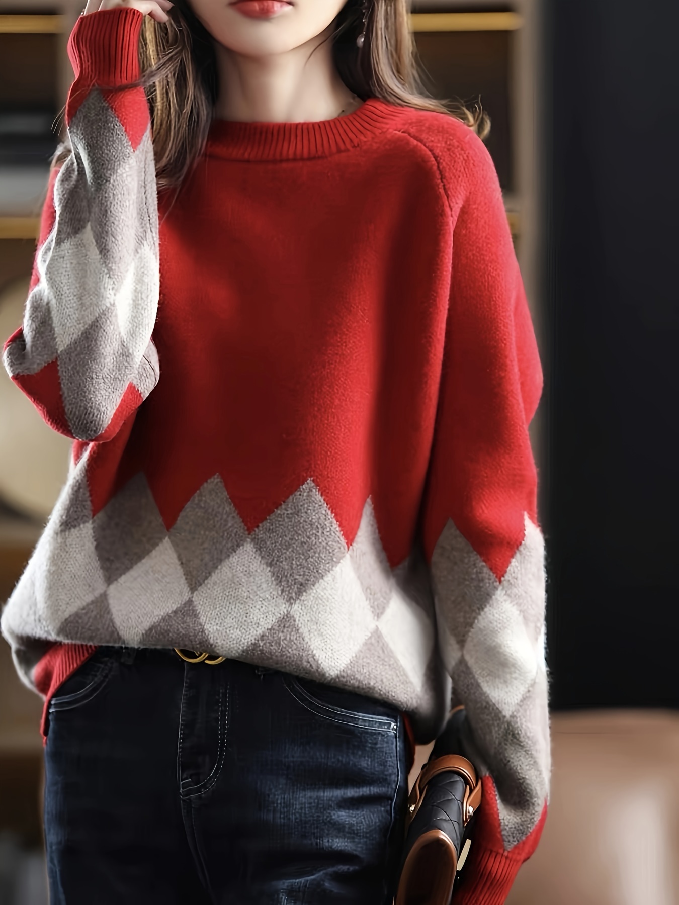 damen pullover roter farbblock pullover weicher schicker Temu