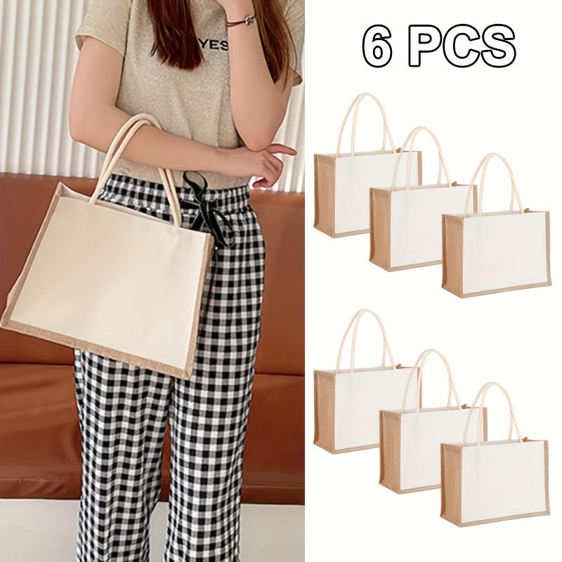 Image of 6pcs Reusable Jute Tote Bags 12x5x8 Inches - Paintable Party Favors & Shopping Bags, Perfect For Weddings, Birthdays, Beach , And More, Beach Bag Tote, Christmas, Halloween