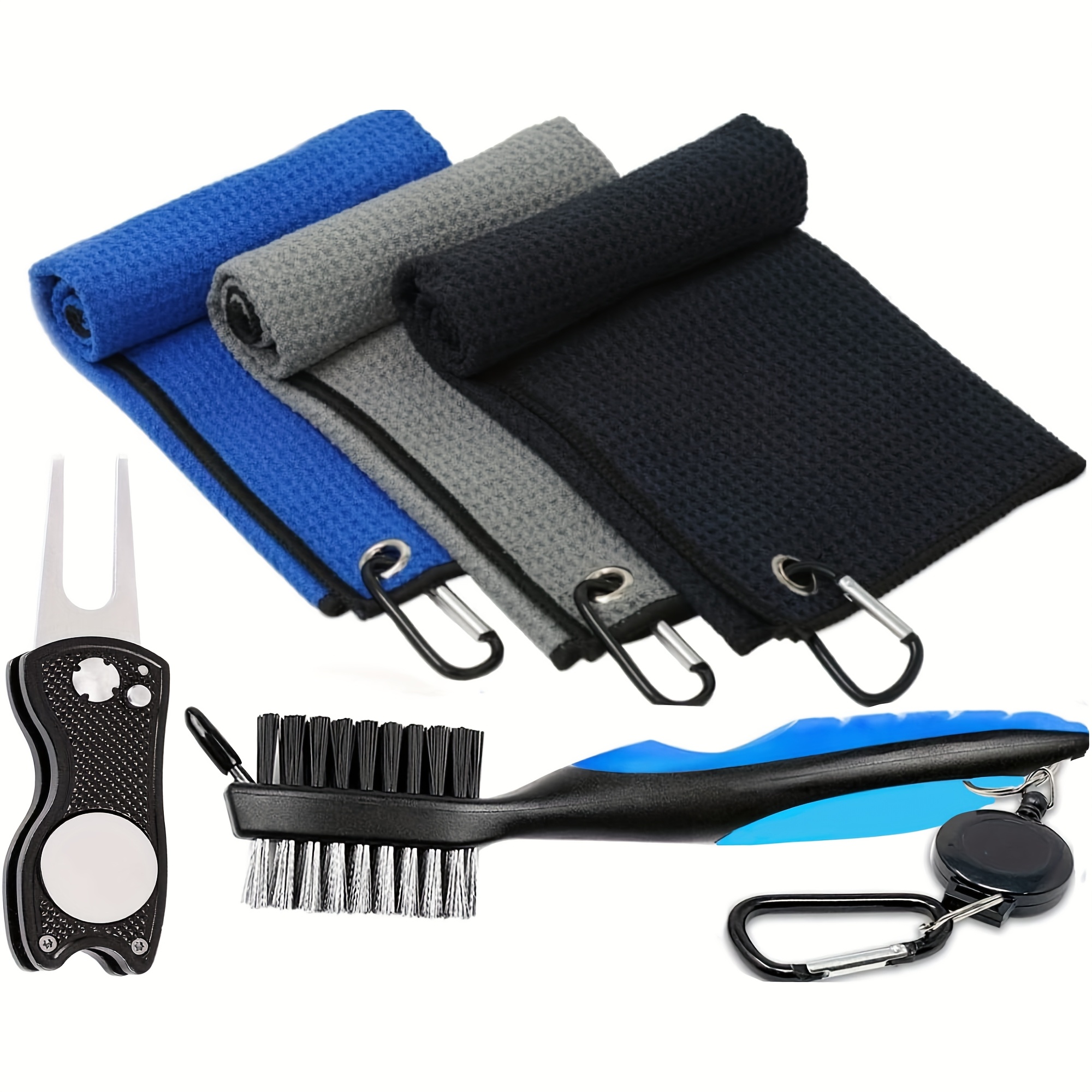 TEMU 5pcs Microfiber Golf Towel Set With Club Brush & Tool - Waffle Pattern, Durable, Portable, Perfect Golf Accessories & Gifts For