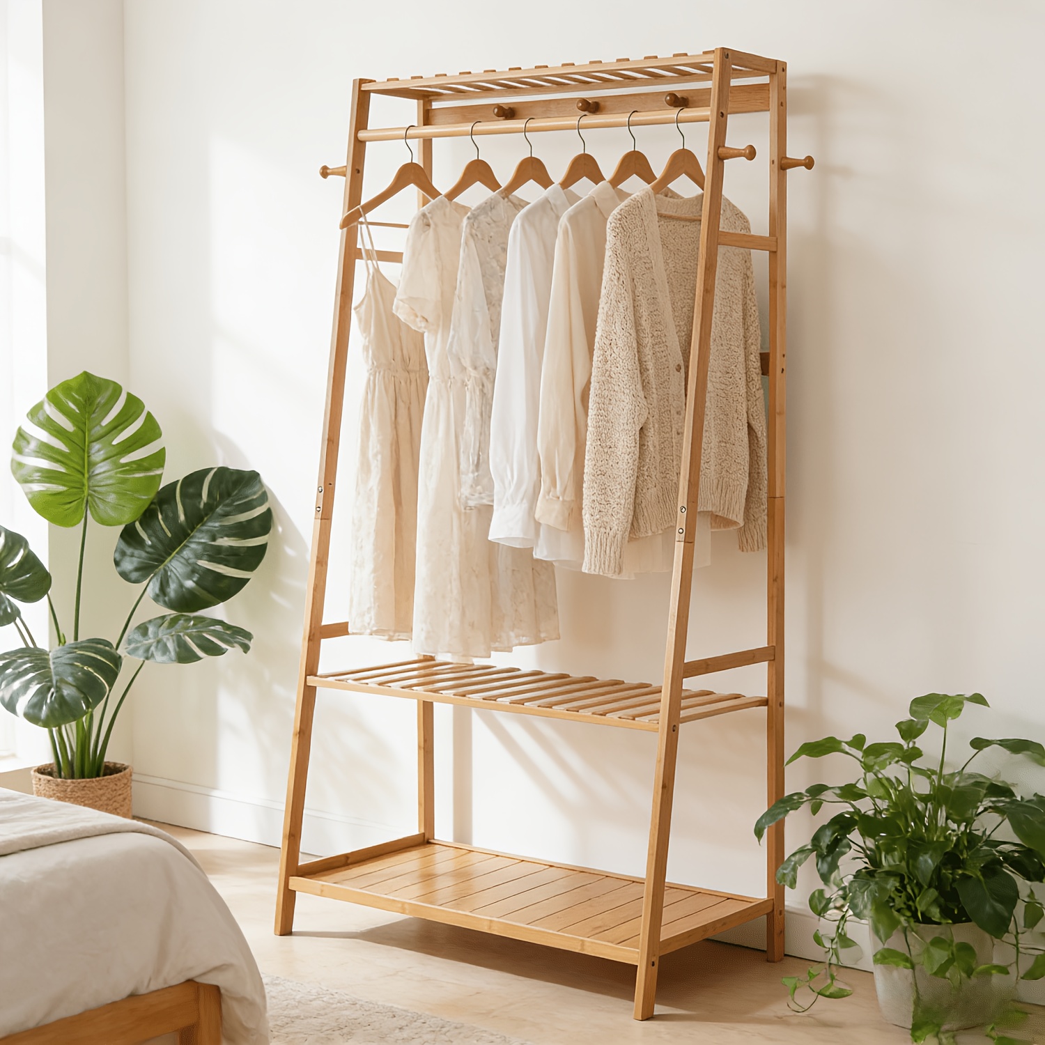 Image of Unho Bamboo Coat Standing With 3 Shelves 10 Hooks Rail Garment Rack Storage Organizer For Entryway Bedroom Living Room Hallway Office 80x43.5x165cm