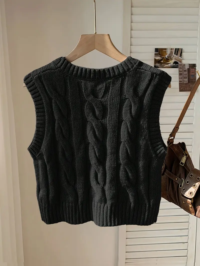 gilet élégant pour femme à col rond manches - noir, lavable en machine, coupe standard de longueur courte pour printemps été automne, tenue décontractée polyvalente, mode saisonnière, design torsadé, tissu confortable Détails du produit 2