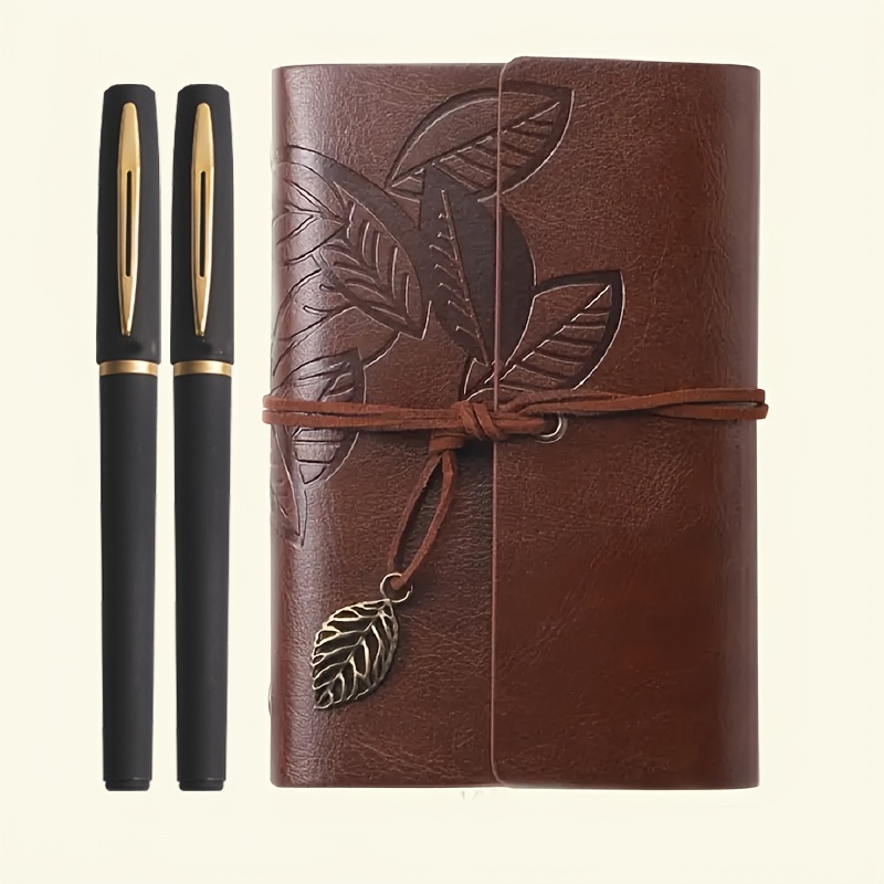 Image of 3pcs Notebook Set, Retro Leaf Embossed Faux Leather Notebook And 2 Stylish Black And Golden Neutral Pens, Stationery Notebook Set - Spiral Bound, Loose-leaf Diary, With Black, Orange And Blue Buckles