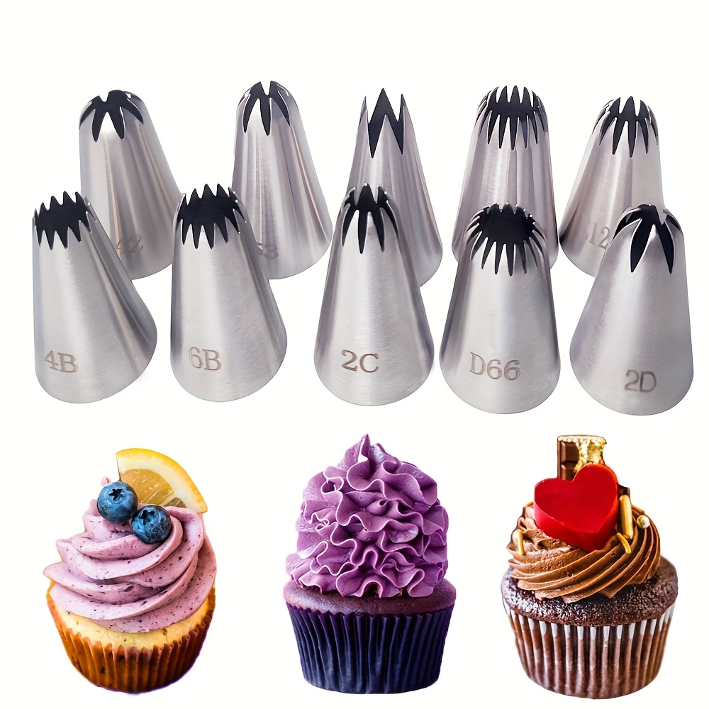 Image of 10pcs Stainless Steel Piping Tips Set | 2d D42 E12 6b 195 1m 853 2c 4b D66 Star And Shell Shaped For Cake Decoration, Baking Tool Kit For Cream And