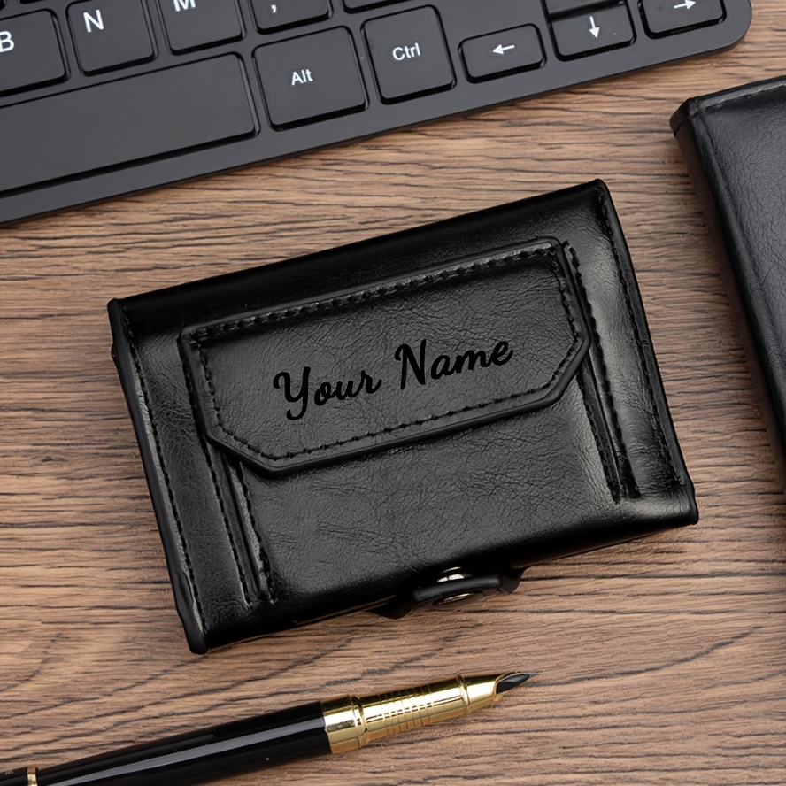 Custom New Minimalist Vintage Pu Card Case, Personalized Name Snap Closure Wallet With Independent Coin Storage Bag Portable Card Holder