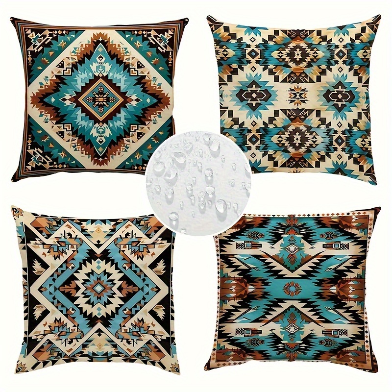 

Set Of 4 Boho-chic Waterproof Outdoor Throw Pillow Covers - Vintage Aztec & Abstract Design, Brown & Blue, Zip Closure, Machine Washable, Perfect For Patio Furniture & Garden Decor, 18x18 Inches
