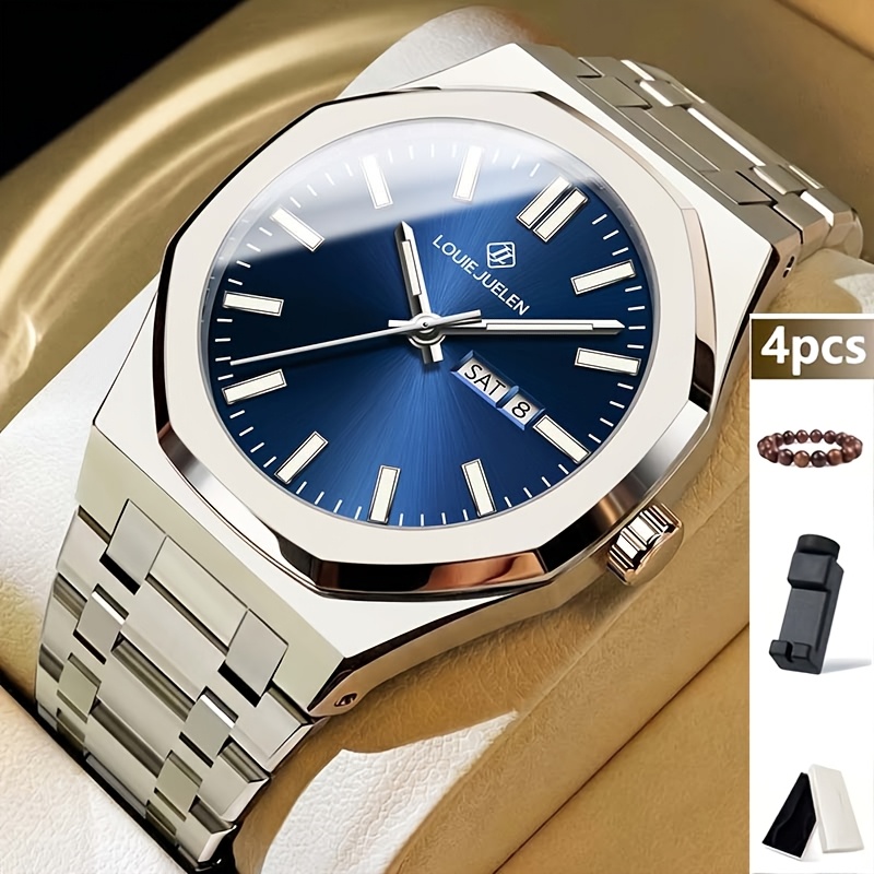 TEMU Juego de 4 relojes mecánicos para hombre, estilo de negocios, esfera de acero inoxidable, correa de acero casual, relojes unisex, regalo de