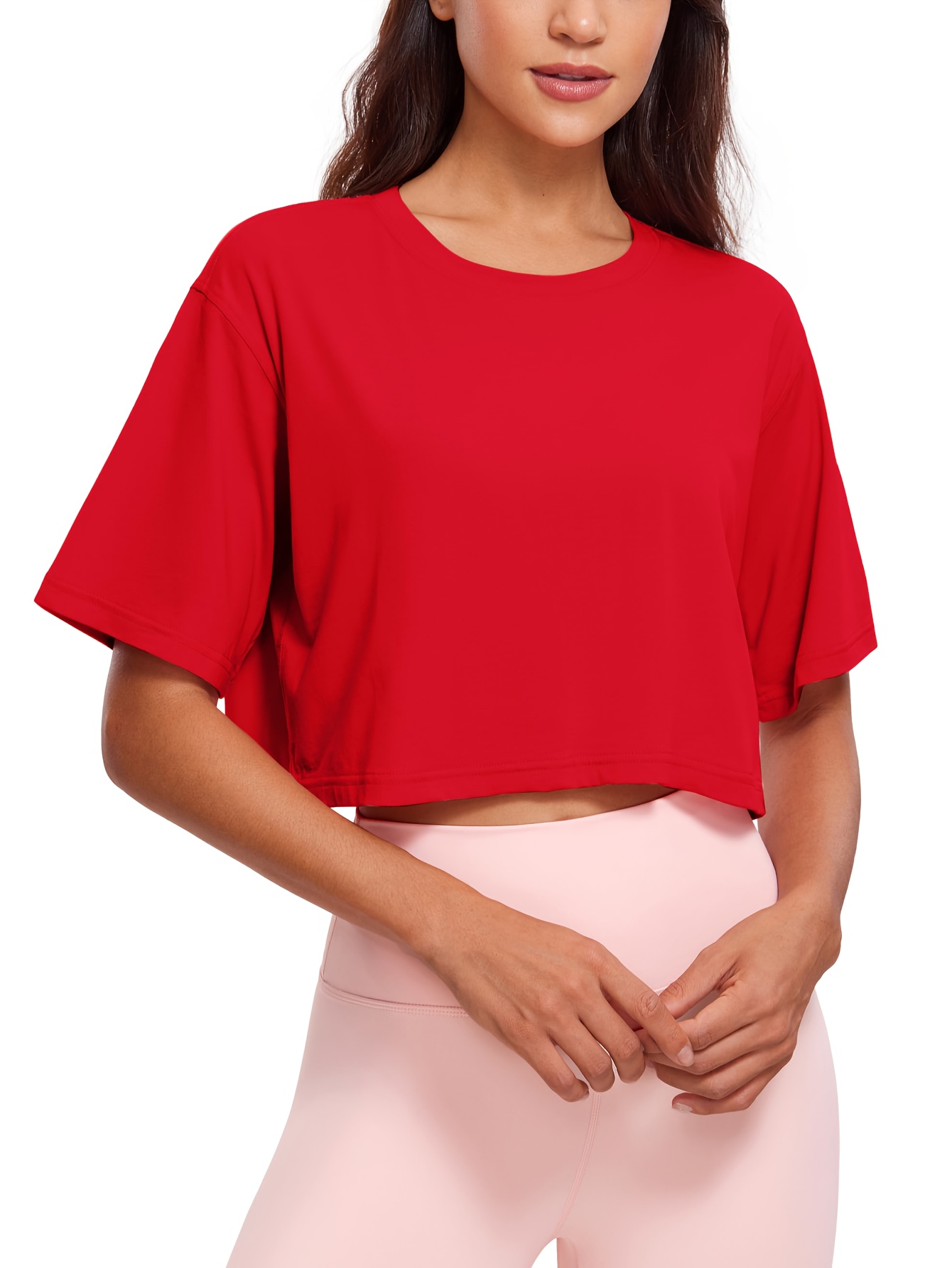 womens plus size cropped t shirt soft gray short sleeve round neck casual sporty lightweight polyester blend summer essential casual summer wear round neck top medium   red 0