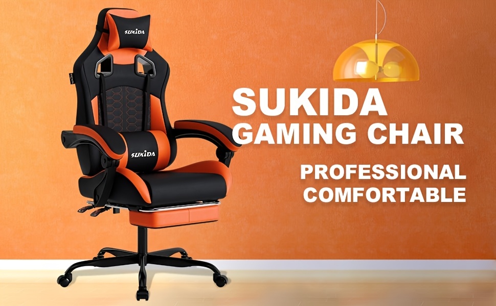 SUKIDA Gaming Chair, Ergonomic Gaming Chair with Footrest, Racing Gaming Chair Headrest Adjustable Computer Chair Height Adjustable Lumbar Support for Home Office And Gaming Beige
